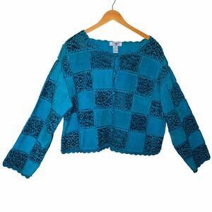 VTG Woman Turquoise Leather Patchwork Jacket 2X Leopard Crochet Trim Retro